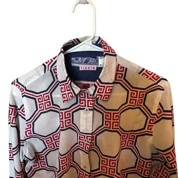 TIZZIE Women’s 100% Cotton Collared Long Sleeve Red White Blue Top Blouse Size M - Picture 3 of 12